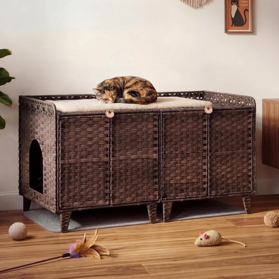 Double Litter Box Enclosure for 2 Cats, Handwoven Rattan Hidden Cat House with Washable Litter Mat & 2 Hooks, for Living Room Bedroom