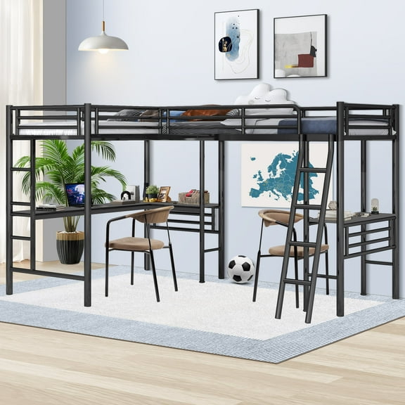 Double Loft Beds Twin Size, L Shaped Loft Bed Frame with Two Built-in Desks, Heavy Duty Bunk Bed with Desk, Black