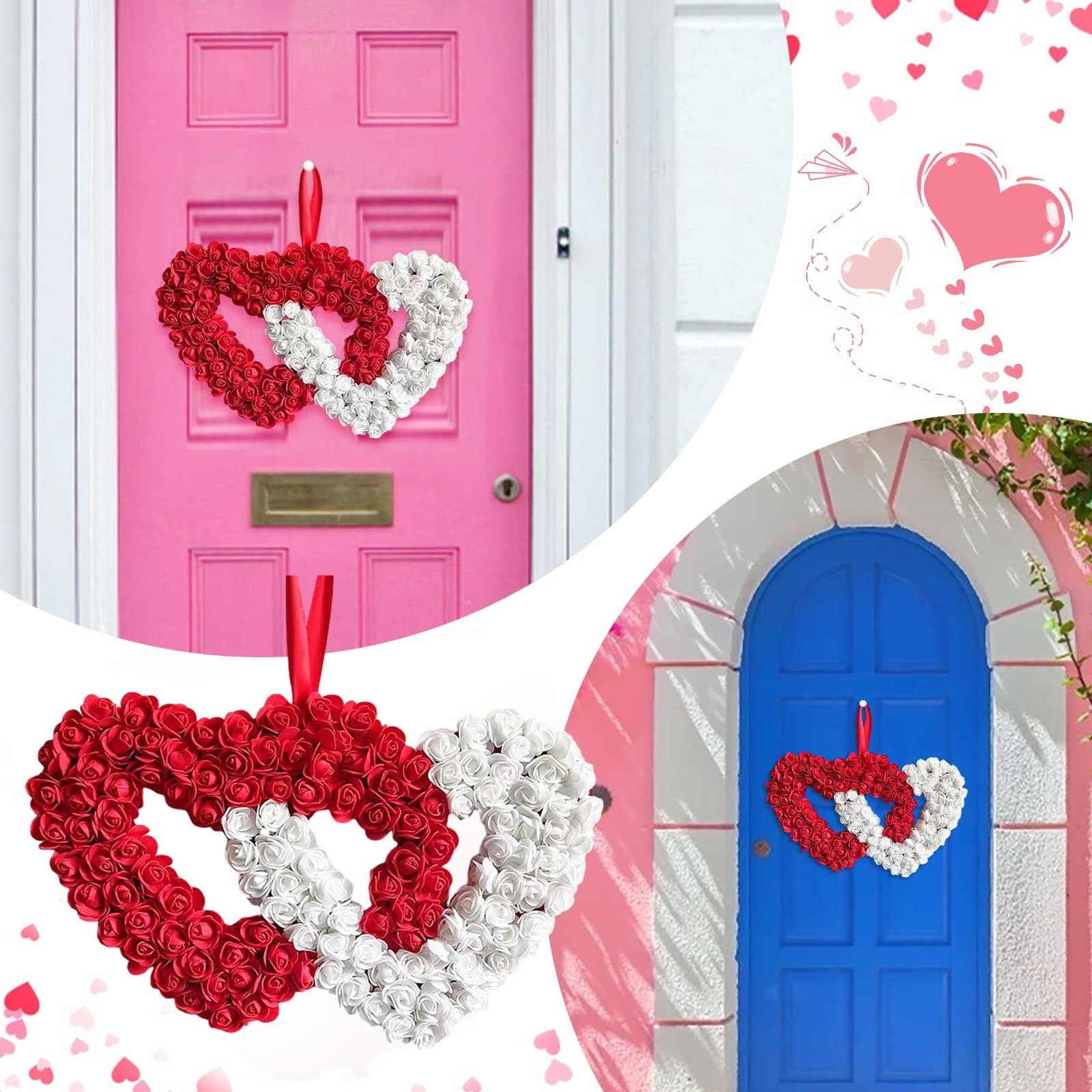 Double Love Artificial Rose Valentines Day Wreaths Heart Shaped Wreath