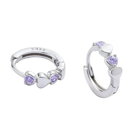 Double Love Heart Clear Cubic Zirconia Sleeper Small Hoop Sterling Silver Earrings for Women Cartilage Tiny Cute Huggie Hoops