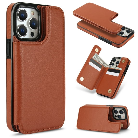 Double Magnetic Clasp Case for iPhone 13 Pro, Lychee Grain Design Leather Detachable 2-In-1 Wallet Case, Support Wireless Charging Kickstand Card Credit Holder RFID Blocking Cover,Brown