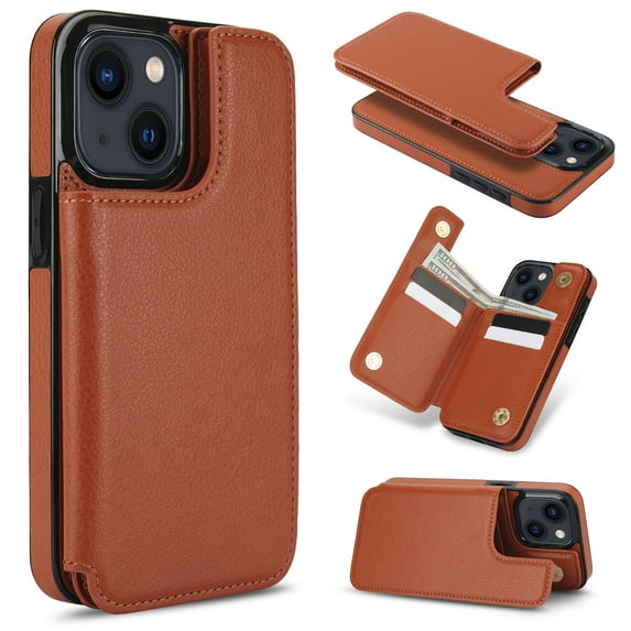 Double Magnetic Clasp Case for iPhone 14 Plus, Lychee Grain Design Leather Detachable 2-In-1 Wallet Case, Support Wireless Charging Kickstand Card Credit Holder RFID Blocking Cover,Brown