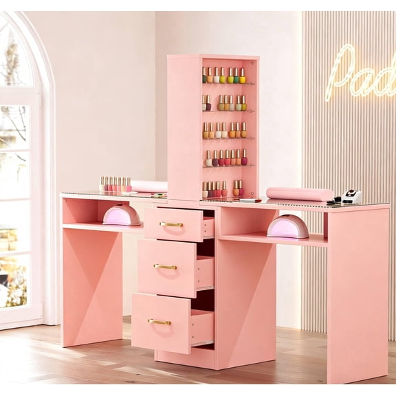 Double Manicure Table for Nail Tech with Drawers, Nail Desk Station w/3 Storage Drawers & 8-Tiers Open Shelves, Nail Spa Beauty Salon Workstation (Pink)