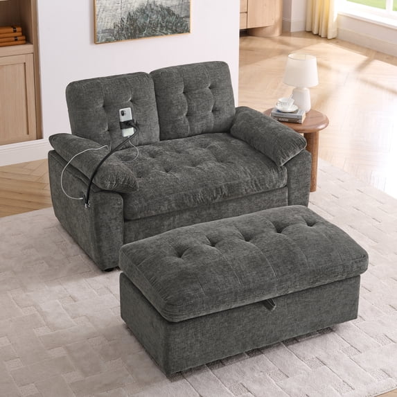 Double Manual Recliner Leisure Sofa Chair with Adjustable Backrest, Soft Padded Armrests, Side USB Charging Port & Phone Stand, Including Matching Storage Ottoman,Gray