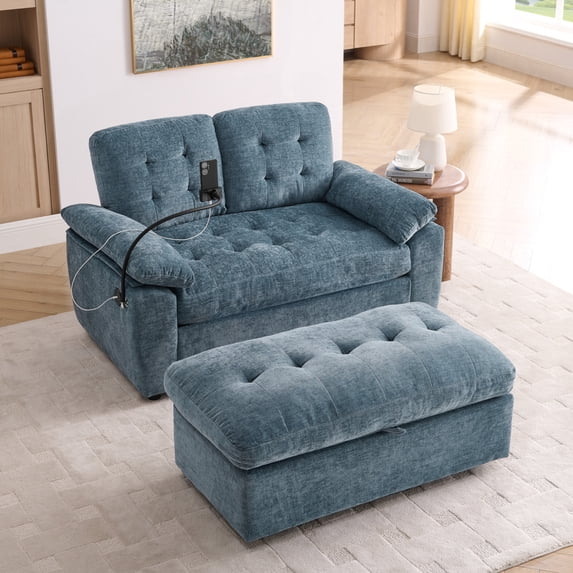 Double Manual Recliner Leisure Sofa Chair with Adjustable Backrest, Soft Padded Armrests, Side USB Charging Port & Phone Stand, Including Matching Storage Ottoman,Blue