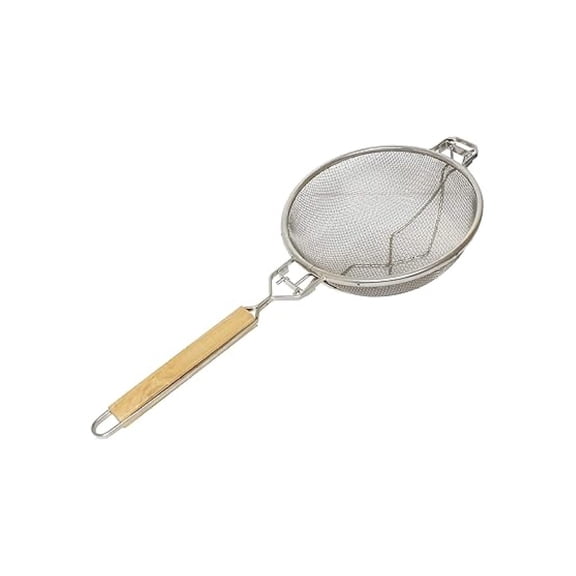 Double Mesh Strainer 10.5 Inch - Reinforced Fine Strainer with Wooden Handle - Commercial Kitchen Strainers for Restaurant, Catering & Home Use - Durable Plated Steel