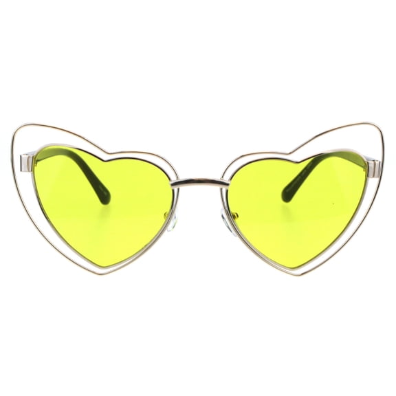Double Metal Rim Cat Eye Designer Gothic Heart Shape Sunglasses Gold Yellow