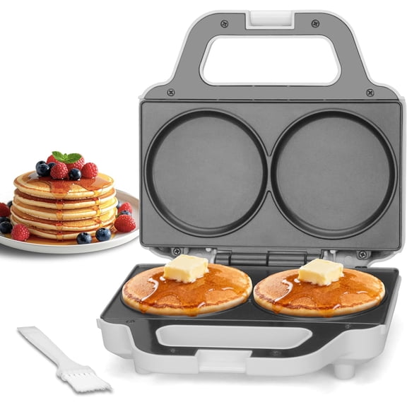 Double Mini Pancakes Maker Machine, Arepa Maker, Electric Pancake Maker Griddle, Ideal for Pancakes, Cookies, Eggs, Arepas & Breakfast Sandwiches, White, 4 Inch