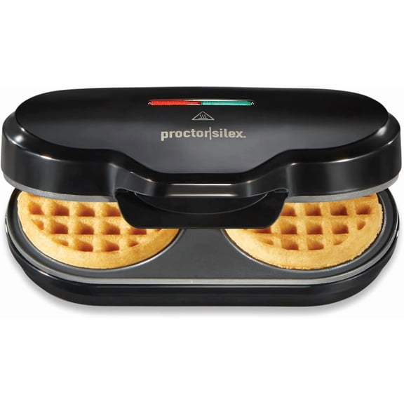 Double Mini Waffle Maker Machine with 4 Round Non-stick Grids, Makes 2 Personalized Individual Breakfast Keto Chaffles and Hashbrowns, Compact, Black (26102)