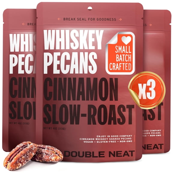 Double Neat Whiskey GGA1 Pecans - Vegan & Gluten-Free - Slow-Roasted Candied Pecans with Bourbon Glaze - Gourmet Sweet Snack - Gifts for Whiskey Lovers - 4 Ounces Each (Pack of 3)