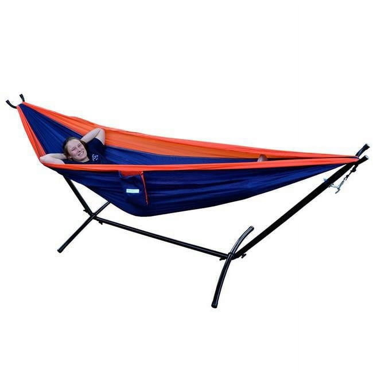 Double Nylon Hammock with Portable Stand, Orange & Navy