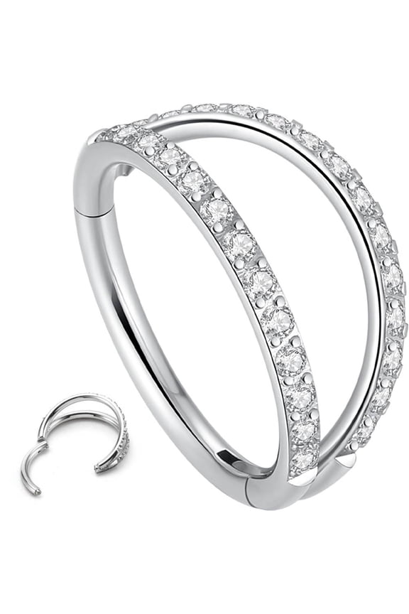 Double Open Stack CZ Nose Ring Hoop, 316L Surgical Steel Hinged Clicker 16G 18G 20G for Helix Tragus Daith Conch Cartilage Septum Piercing
