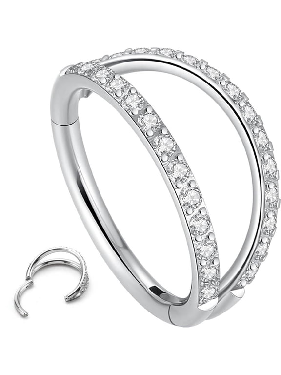 Double Open Stack CZ Nose Ring Hoop, 316L Surgical Steel Hinged Clicker 16G 18G 20G for Helix Tragus Daith Conch Cartilage Septum Piercing