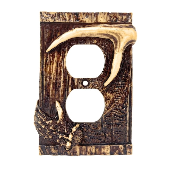 Double Outlet Decorative Cover Plate with Realistic Wood and Antler Accents - Rustic Duplex Receptacle Electrical Wall Plate for Lodge Cabin - Ideal Gift for Outdoor Nature Lovers