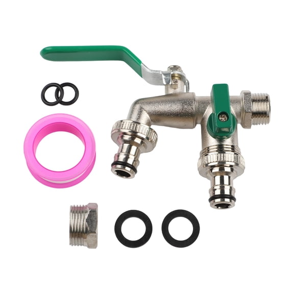 Double Outlet Garden Tap With 1/2" Inlet & 3/4" Outlet, Zinc Alloy Ball Valve For 2 Hose Connections, Leak-Proof Splitter With Adapter For Irrigation