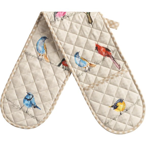 Double Oven Mitt 7" x 35" 100% Quilted Cotton Heat Resistant Baking Glove with Loop Color Birdies on Wire