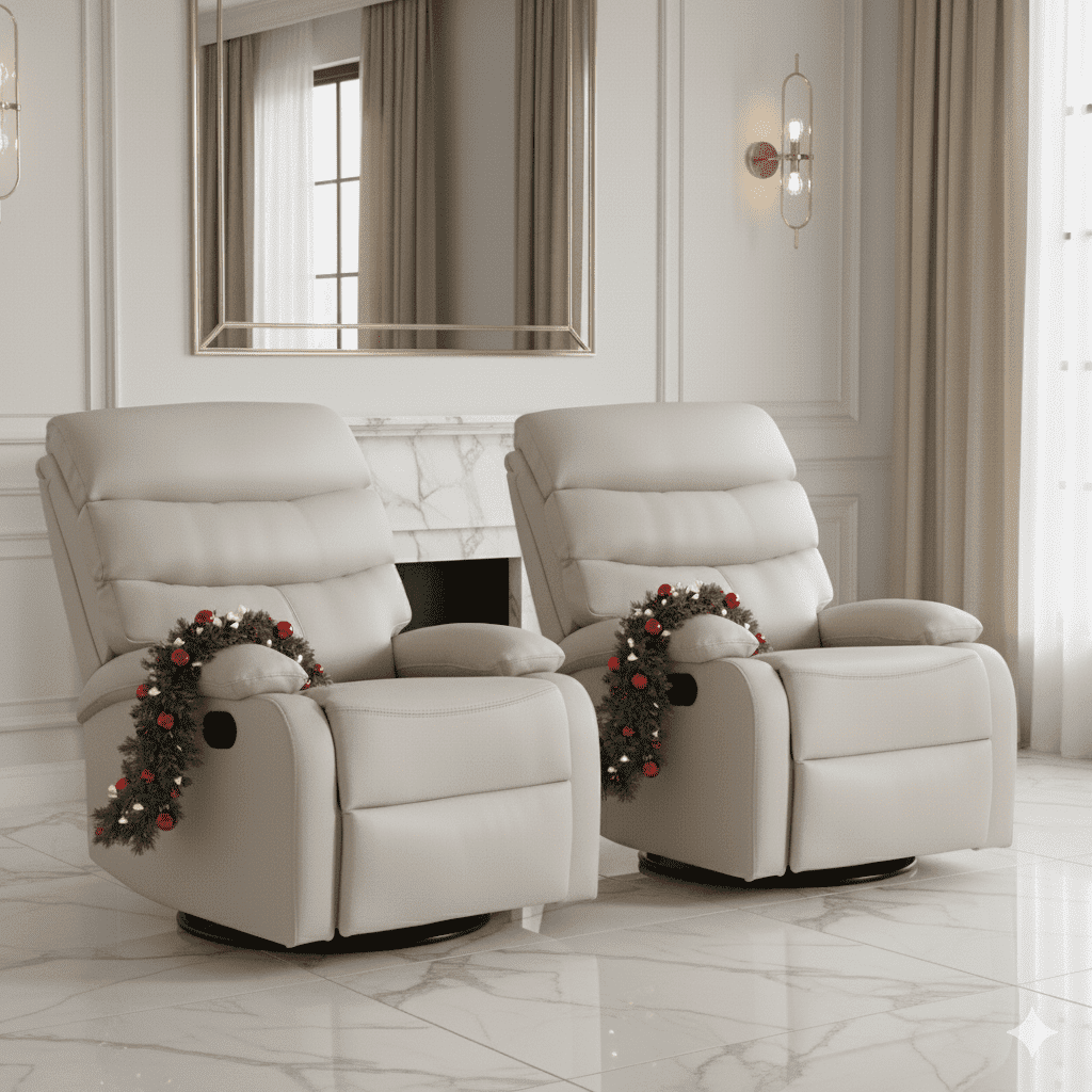Double Pack Beige Genuine Leather Recliners, Compact Rocking & Swivel ...