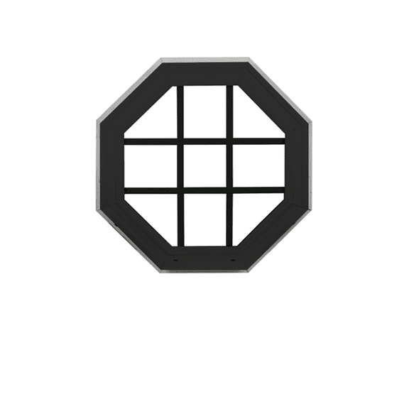 Double Pane Octagon Window with Grids 18" Black Vinyl DP50 Argon Gas Non-Opening Window Low-E Glass