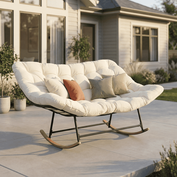Double Papasan Rocking Chair – 57”W x 44”D x 32”H Oversized 2-Person Lounge Chair with 6” Thick Cushions, Steel Frame and Wooden Legs, Indoor &  Outdoor Rocker for Patio, Porch, Living Room