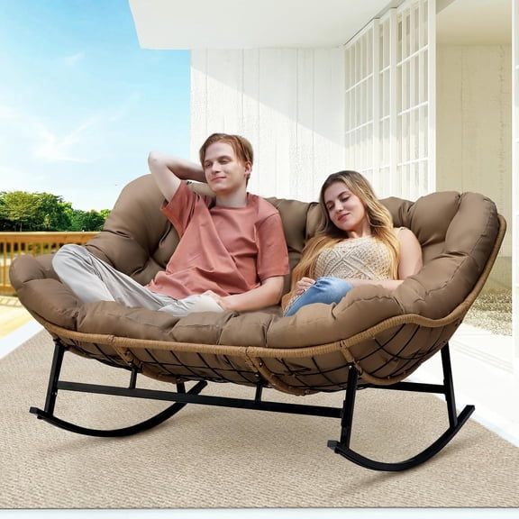 Double Papasan Rocking Chair Indoor Outdoor, 2 Person Wicker Rocking Egg Chair with Cushions for Relaxing/Napping, 700 Lbs Heavy Duty Cozy Patio Lounge Loveseat for Balcony, Porch, Brown