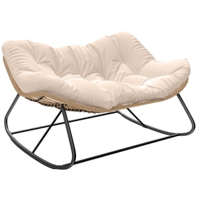 Double Papasan Rocking Chair, Oversized PE Wicker Egg Chair with Thick Cushion, Weather Resistant Steel Frame, 76.4" x 50.4" Cream White Rocking Saucer Chair for Garden, Patio, Indoor