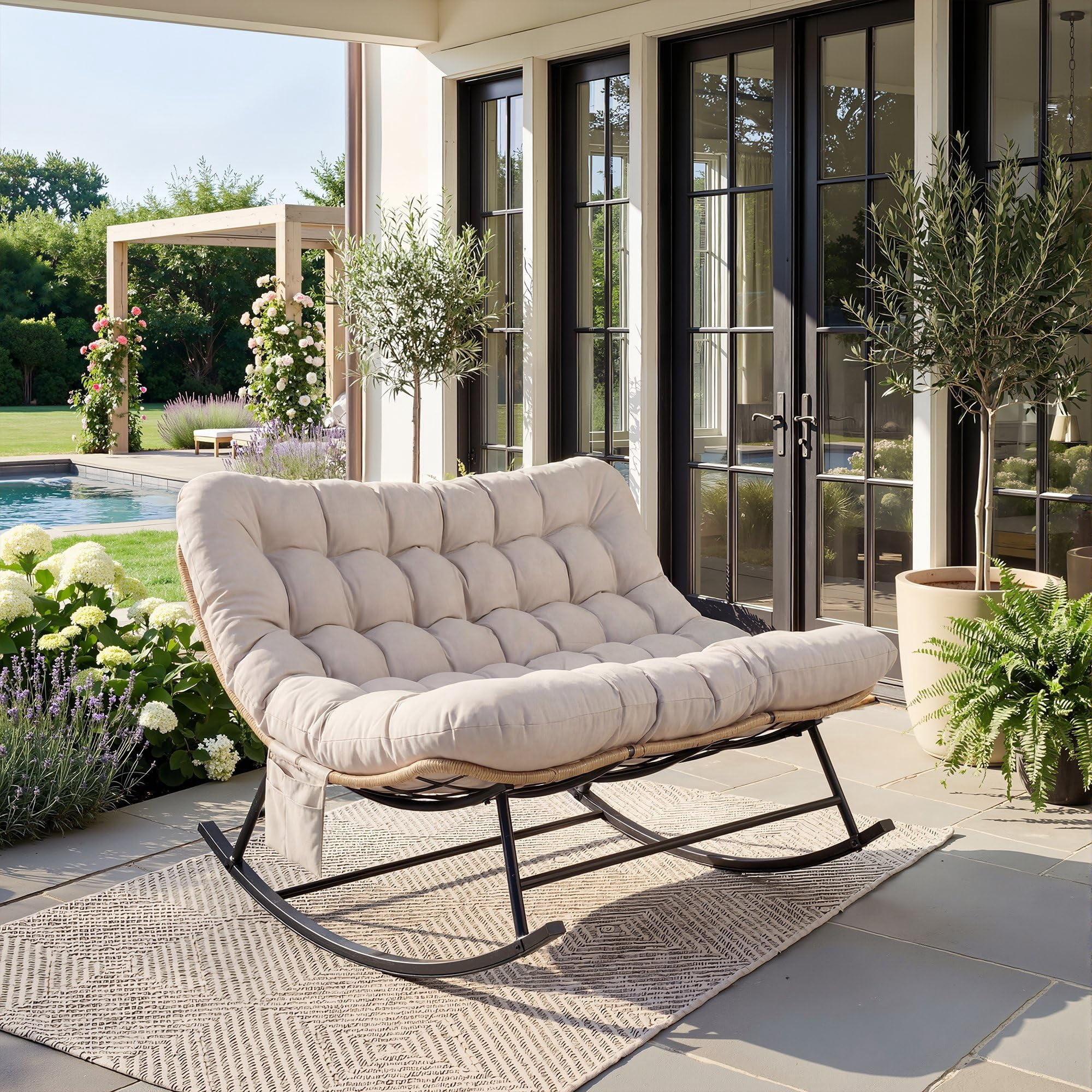 Double Papasan Rocking Chair with Thick Cushion, Oversized Wicker ...