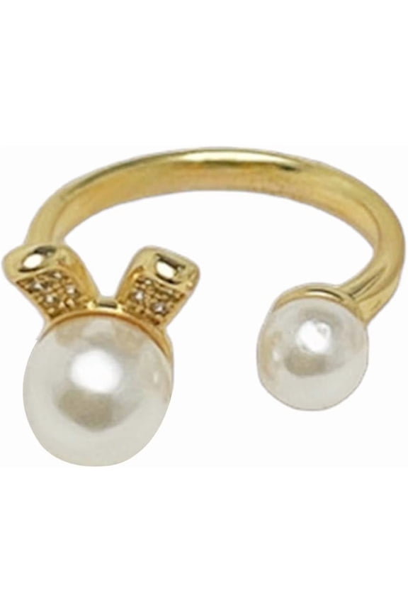 Double Pearl CZ Rabbit Promise Rings for Women Gold-Toned Fashion Cubic Zirconia Pearls Ball Open Band Wrap Finger Ring Adjustable Comfort Fit Wedding Engagement Jewelry