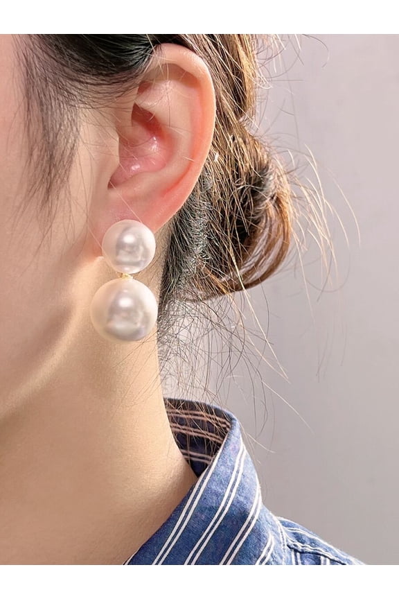 Double Pearl Drop Earrings White Simulated Pearl With Goldtone Setting