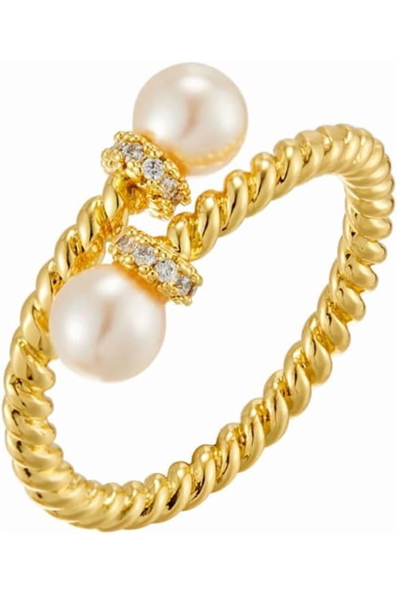 Double Pearl Twisted Ring for Women Pearls Wrap Finger Ring Cubic Zirconia Open Statement Stacking Rings Wedding Band Eternity Promise Rings