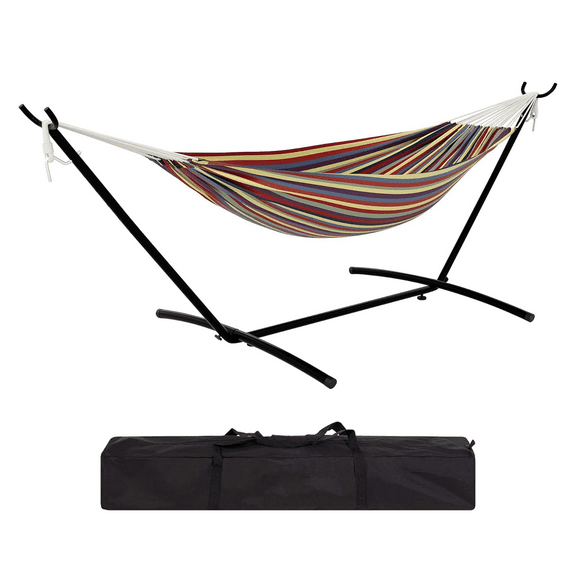 Portable Hammock with Steel Stand - 450 LBS Capacity, Outdoor Camping Hammock Set - Includes Carry Bag & Adjustable Hooks - Yellow Stripe Yellow Rainbow Stripes