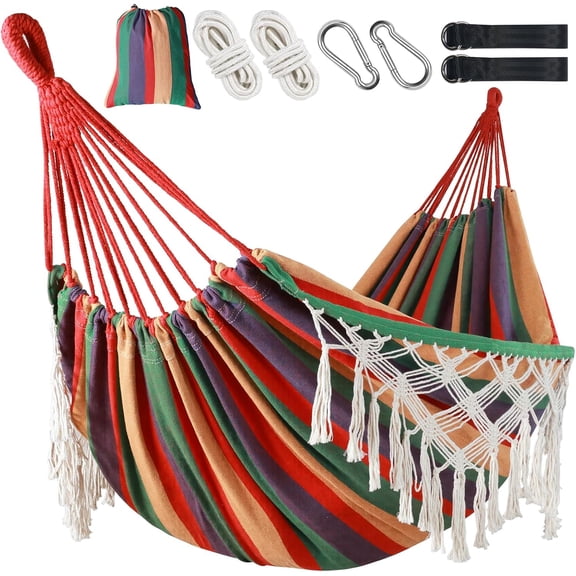 Double Person Patio Hammock with Fringe Soft Breathable Fabric Easy Setup Straps Carry Bag 360 lbs Capacity