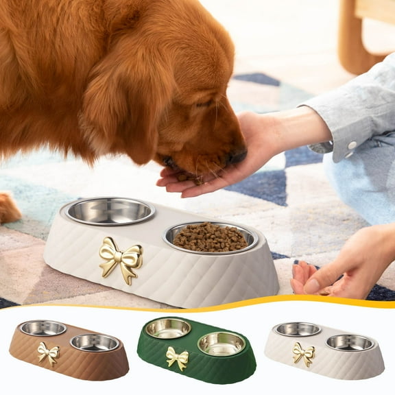 Double Pet Bowls Stainless Steel Food Water Dish with Bowknot Decor Bracket | Non-Slip Mats | Durable Rust-Resistant Feeder for Small Medium Pets | Easy Clean | 2 Pack