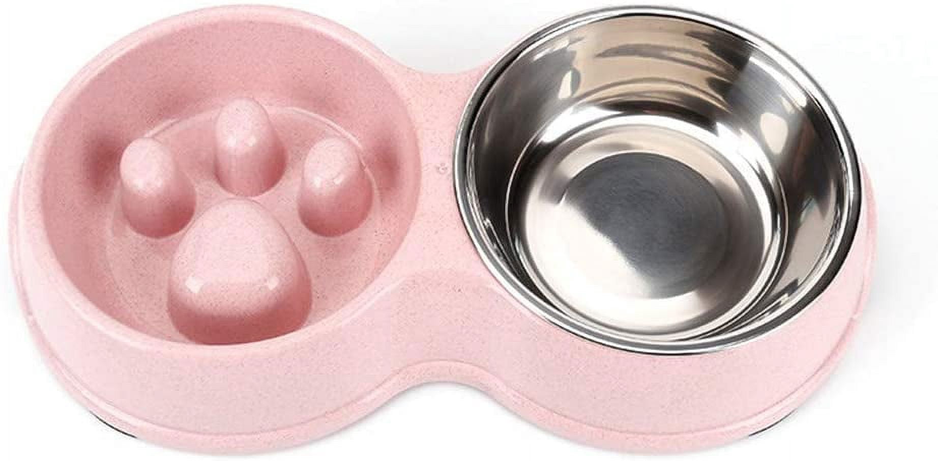 Double Pet Dog Slow Feeder Bowl,Stainless Steel Anti-Choke Puppy Food and Water Feeder for Dog Cats (Pink)