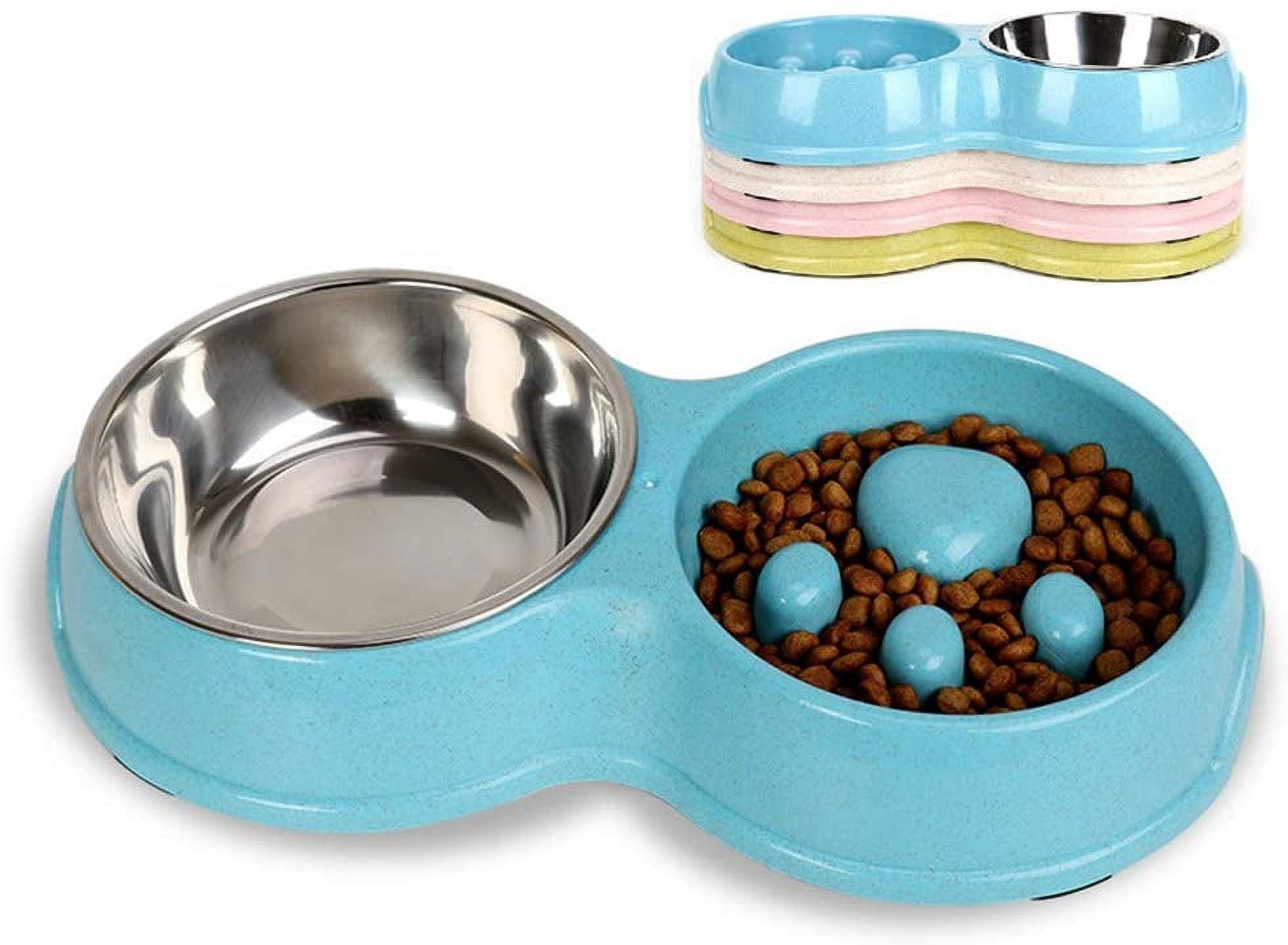 Double Pet Dog Slow Feeder Bowl,Stainless Steel Anti-Choke Puppy Food and Water Feeder for Dogs Cats (Blue)