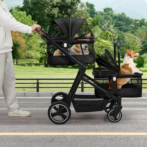 Double Pet Stroller with Detachable Carriers,Lightweight Fold-able Dog Stroller&Cat Stroller for 2 Small Medium Dogs Cats Up to 50lbs,with 360-Degree Front Wheels&Foot Brake System