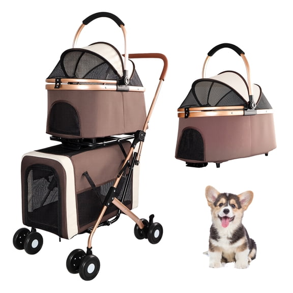 Double Pet Stroller for Dogs and Cats, 3-in-1 Foldable Pet Stroller with 2 Detachable Carriers, Shockproof Wheels & Brake, for Small/Medium Pets, Khaki