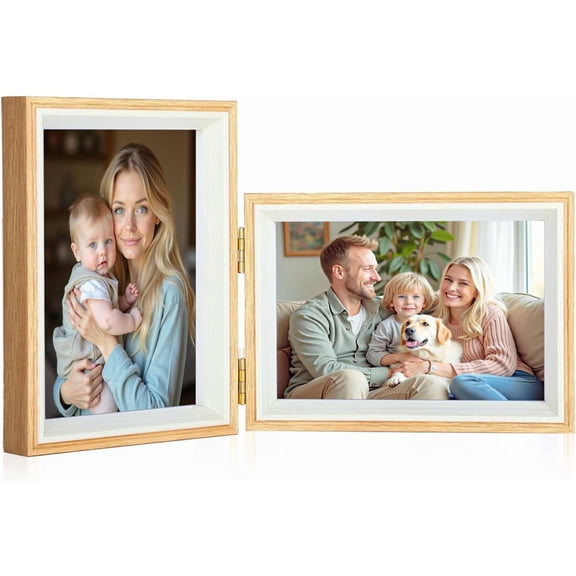 Double Picture Frame 4x6 Vertical and Horizontal Hinged Picture Frames stand on Desktop Folding Photo Frame for Tabletop Display(WoodGrain,4x6-6x4)