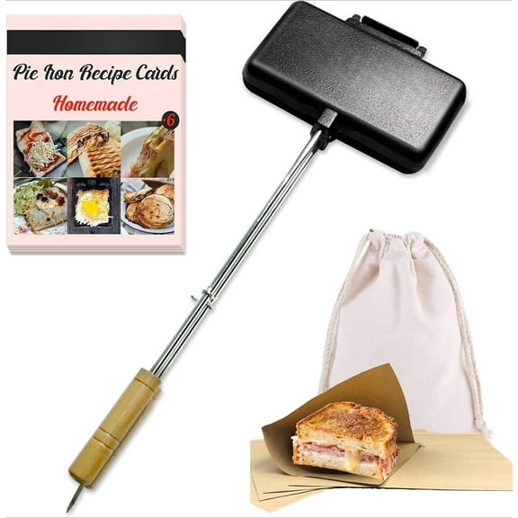 Double Pie Irons Cast Iron Sandwich Maker Pack of  for Camping with Storage Bag and Recipes, Camp Cooker Campfire Cooking Equipment for Pies, Sandwiches, Steak, Hot dogs