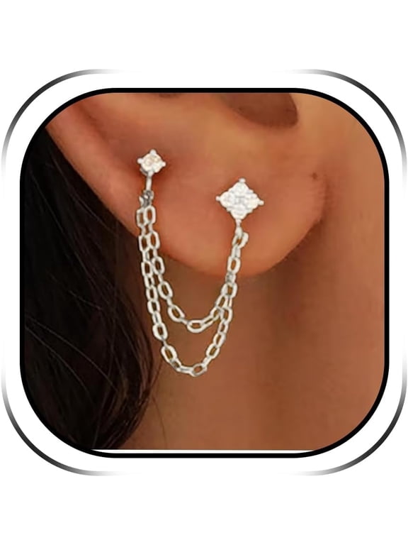 Double Piercing Earrings Gold Chain for Women Elegant Double Hoop Jewelry Set for Two Holes Everyday Wear Double-Piercing Chains Earring Set