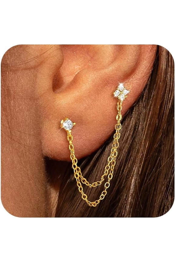 Double Piercing Earrings Zircon Stud Earrings for Women|Hypoallergenic Earring Sets for Multiple Piercing|Silver/Gold Plated Chain Earrings Jewelry for Gift