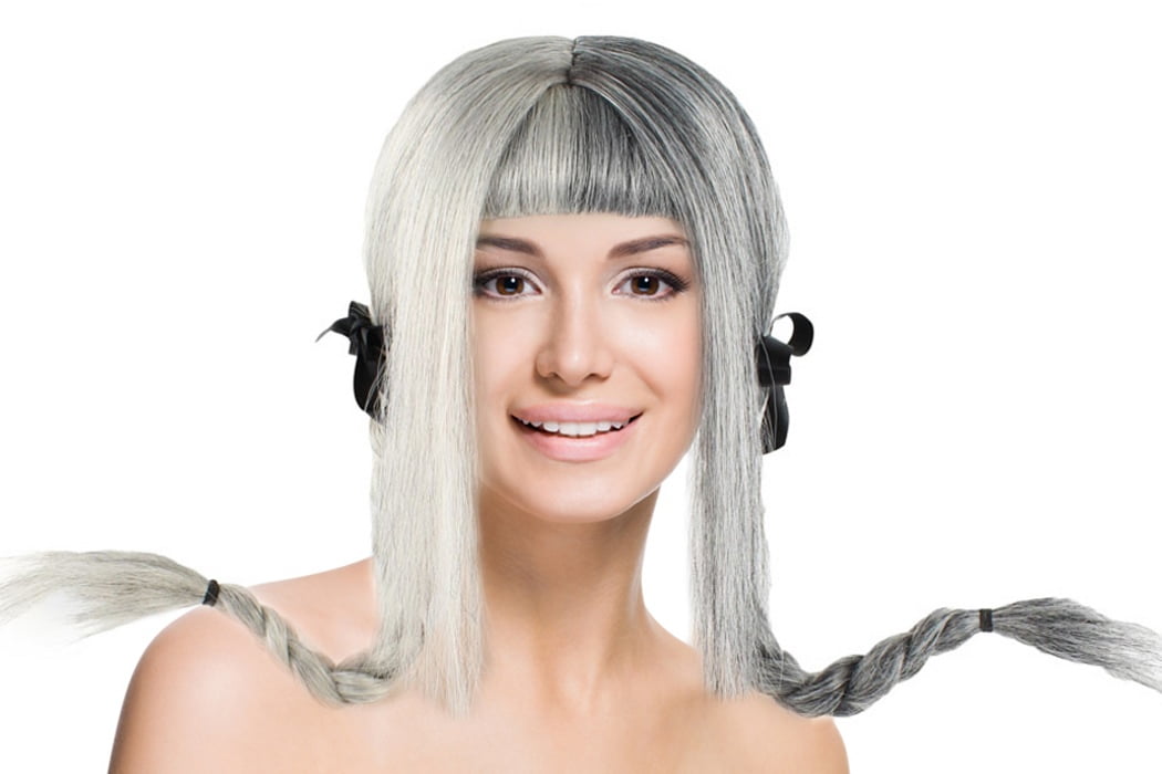 Double Pigtail Wig with Braids Grey Wigs w Bangs Hair for Cosplay