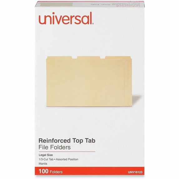 Universal UNV16123EE 2-Ply 1/3-Cut Assorted Top Tab File Folders - Legal Size, Manila (100/Box)