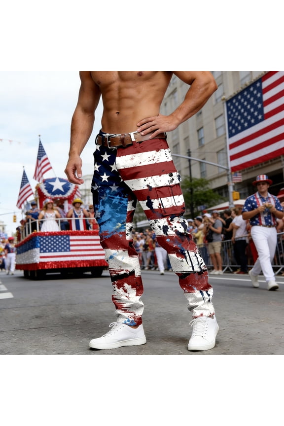 Double Pocket Cargo Pants Men USA 250th Anniversary Outdoor Casual Independence Day Work Pants Blue XXL