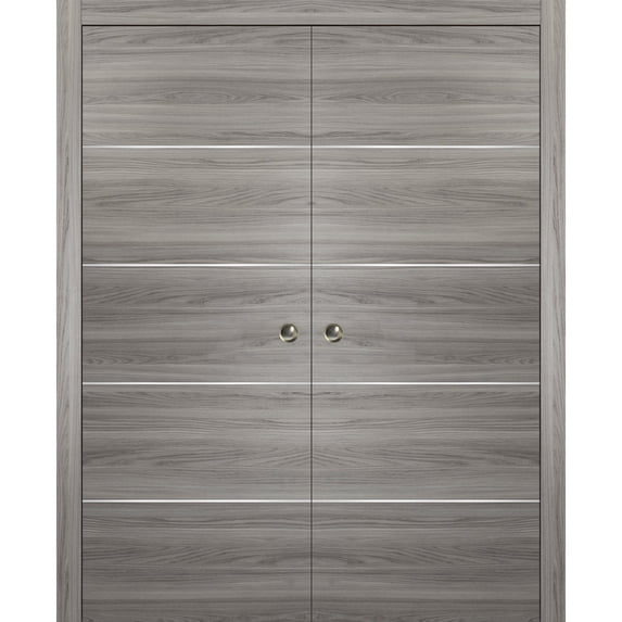 Double Pocket Sliding Grey Doors 72 x 84 with Strips