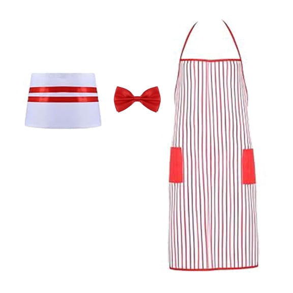 Double Pocket Waitress Apron Set Washable Polyester Cotton Mix Bowtie Accessories Holiday Halloween Diner Staff Outfit