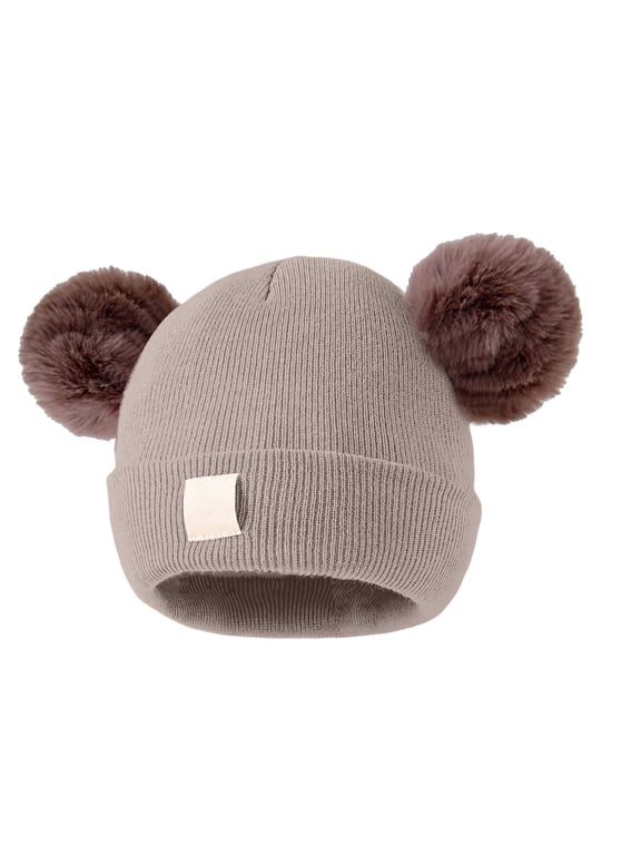 Double Pom-Pom Knit Beanie, Soft Warm Winter Hat with Cute Ear-Style Balls