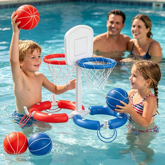 Dual Pool Basketball Hoop with Backboard for Boys Girls 2-in-1 Floating Pool Toys Ring Game 4 Balls 8 Rings & Pump Outdoor Swimming Pool Basketball Games Water Play Summer Toy for Adults and Family