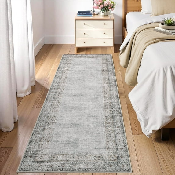 Garvee 2'x6' Vintage Border Runner Rug, Non-Slip Washable Rug Traditional Retro Distressed Carpet, Low Pile Foldable Indoor Rug for Entryway Bedroom Kitchen, Gray