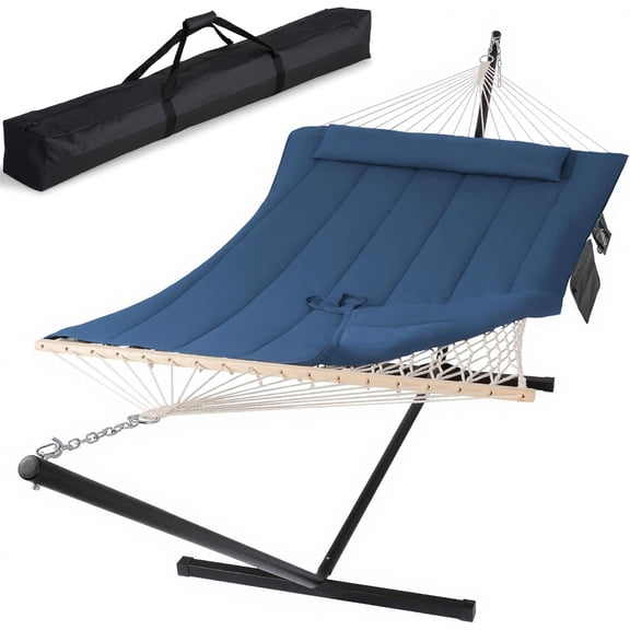 Double Portable Rope Hammock with Stand Included, Outdoor Two Person Hammock with Polyester Pad, Navy