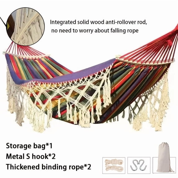 Double Portable Swing Hammock, Hand-Woven Rope with Thickened Canvas & Anti-Slip Design, White Bohemian Tassels, Ideal for Outdoor Patios Camping Beach